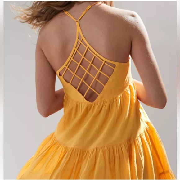 Urban Outfitters UO Yellow Cotton fieldstone tiered mini dress V Neck size S - Picture 4 of 16